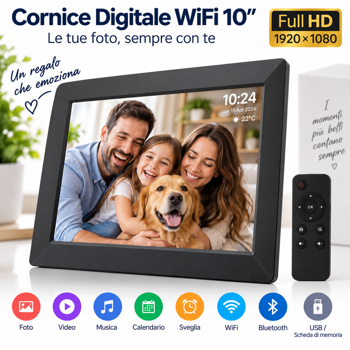 Cornice Digitale WiFi 10" Full HD 1920×1080 – Foto, Video e Musica