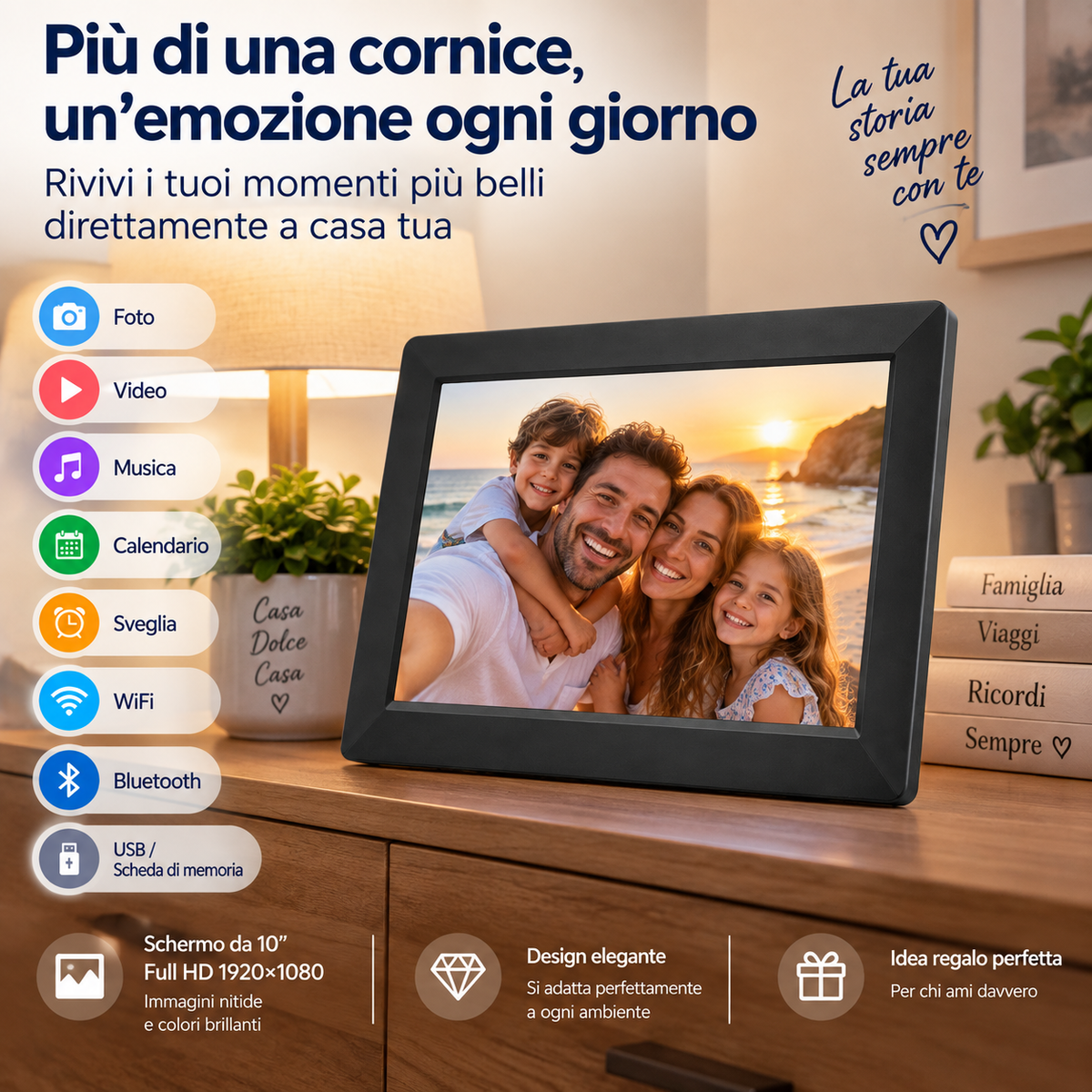 Cornice Digitale WiFi 10" Full HD 1920×1080 – Foto, Video e Musica