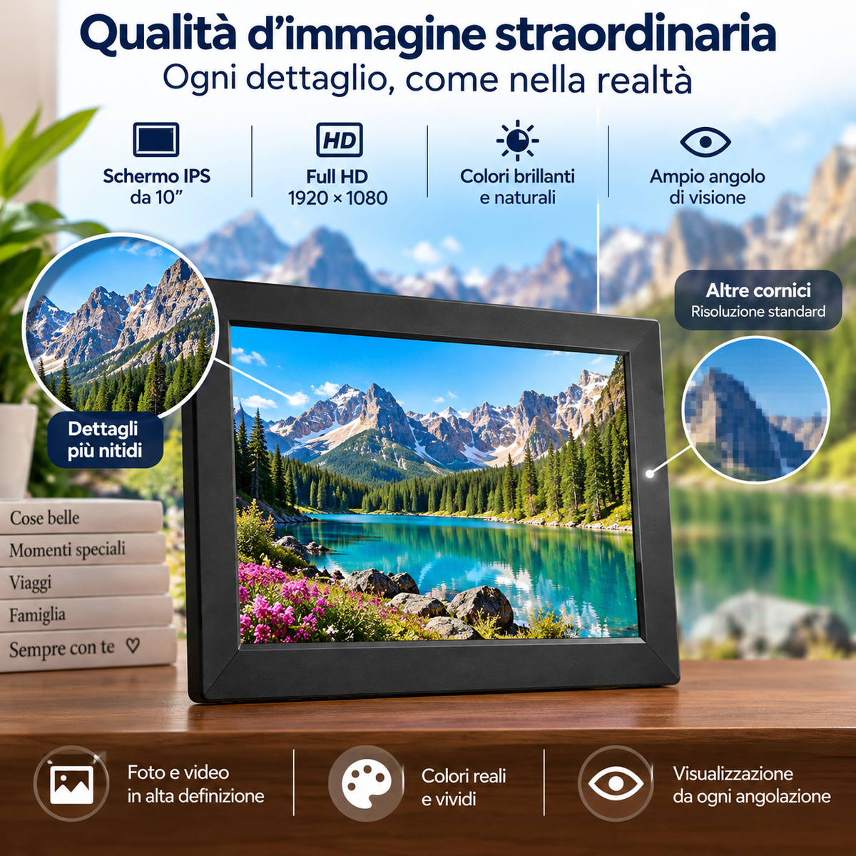 Cornice Digitale WiFi 10" Full HD 1920×1080 – Foto, Video e Musica