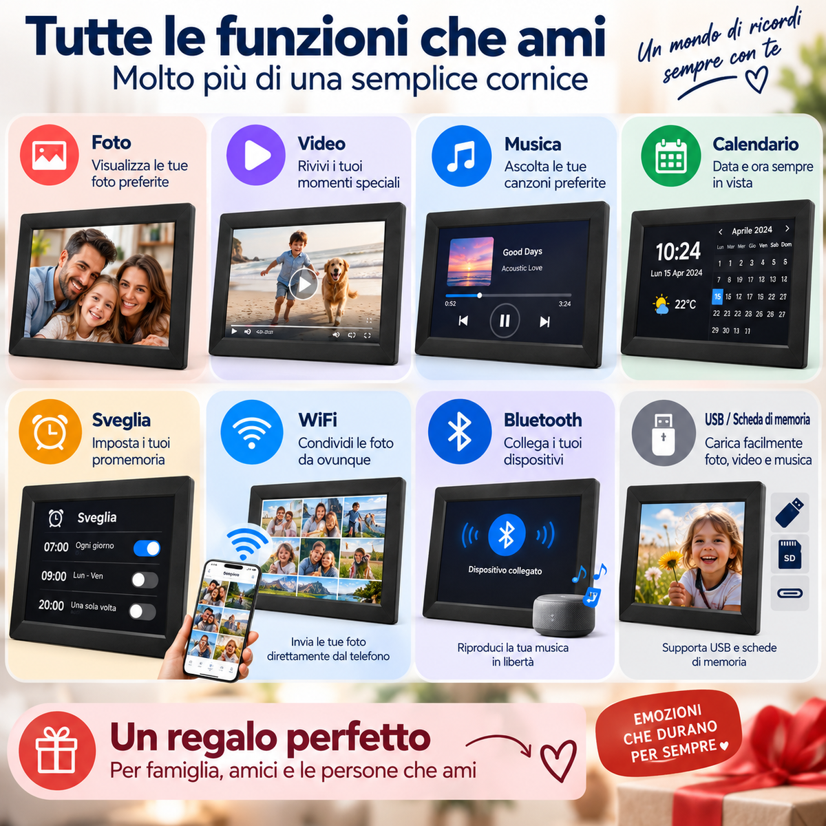 Cornice Digitale WiFi 10" Full HD 1920×1080 – Foto, Video e Musica