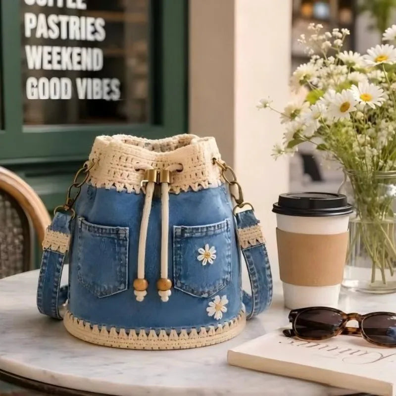 Borsa Denim Bucket – Borsa a Spalla Ricamata